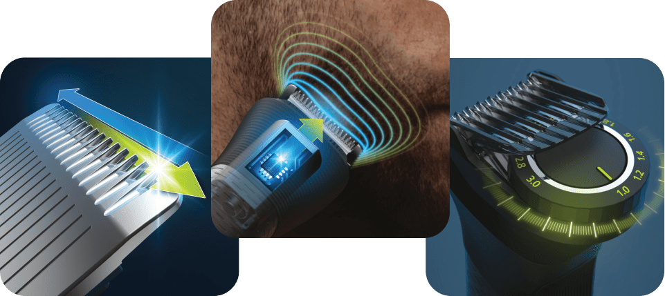 Innowacyjne technologie zastosowanie w trzymerze Multigroom: samoostrzące się ostrza, dostosowanie prędkości pracy do gęstości zarostu, wielofunkcyjna nasadka do przycinania r&oacute;żnej długości zarostu i włos&oacute;w.